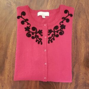 Vintage 80's Cardigan Sweater Black Soutache Red Faceted Buttons